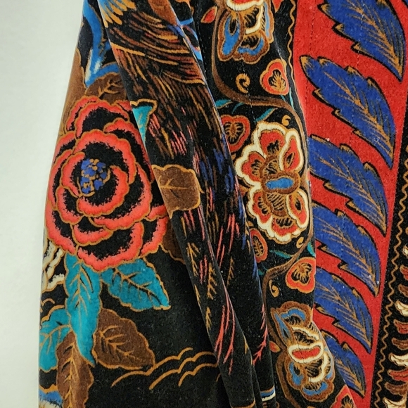 Vintage 80s Saxton Hall rose botanical peacock print Velvet Jacket - Picture 10 of 13